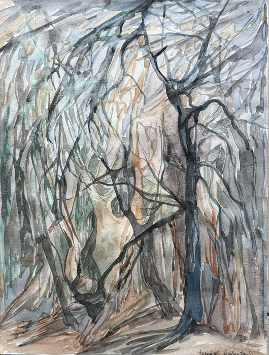 Stara akwarela Agnieszka Galantowicz las 30x40 cm