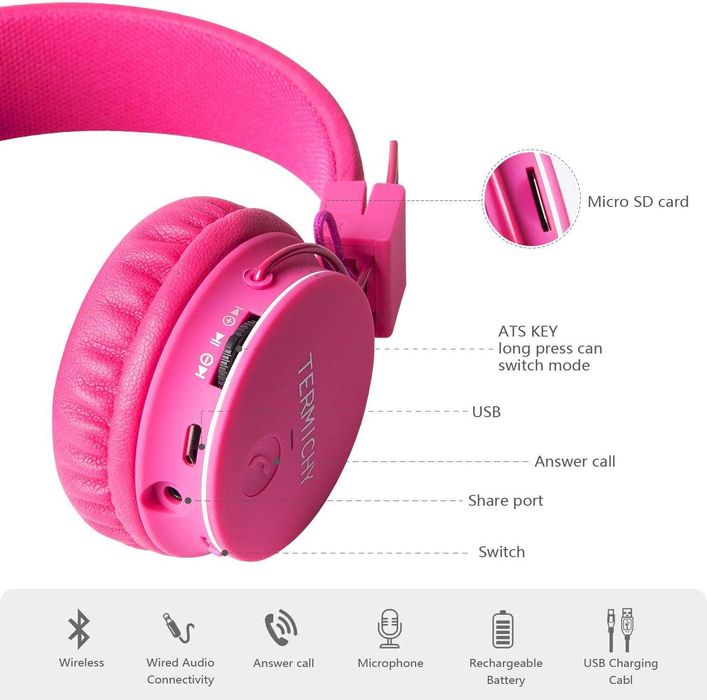 Termichy X2 bezprzewodowe Słuchawki Bluetooth dla dzieci AUX FM różowe