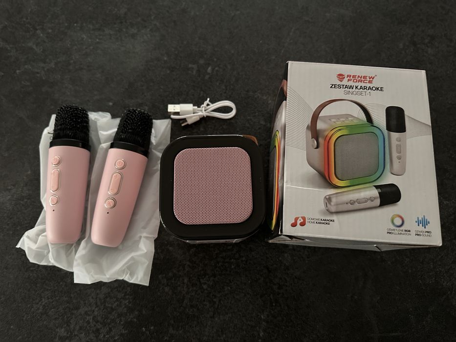 Zestaw karaoke Renew Force 2 mikrofony + głośnik LED