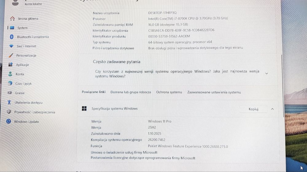 Komputer Intel i5 8700K 16gb ddr4 256gb m.2 Asus Prime b365m WiFi W11