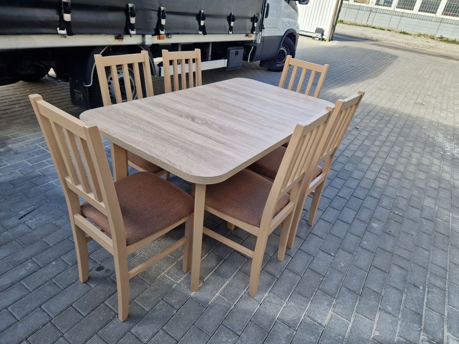 Nowe: Stół 80x140/180 + 6 krzeseł, sonoma + jasny brąz ( szczebelki)