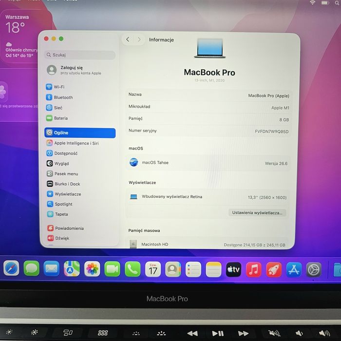 MacBook Pro M1, 13,3", 8/256GB, Retina, Touch Bar, jak nowy, bateria 86%, tylko Warszawa