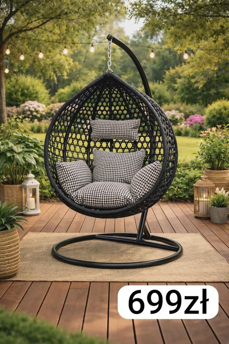 Kokon fotel wiszący ogród balkon hamak huśtawka taras czarny rattan