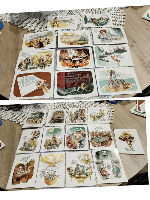 kolekcja 24 humorystycznych, satyrycznych pocztówek vintage lata siedemdziesiąte lub osiemdziesiąte  o tematyce karcianej