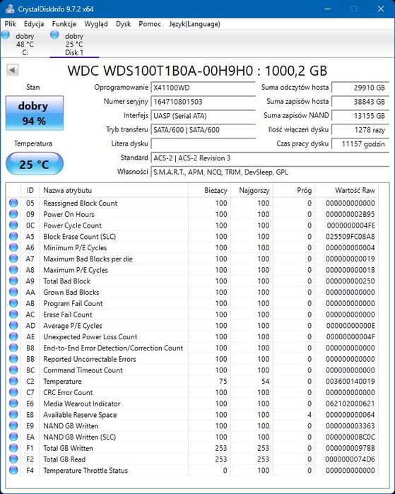 Dysk SSD WD Blue 1TB 1000GB 2.5 SATA GW3m S474