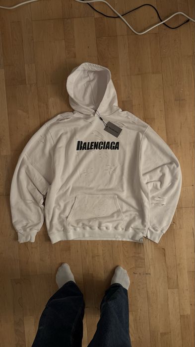 Balenciaga Destroyed Logo Hoodie белый/черный, новый с бирками