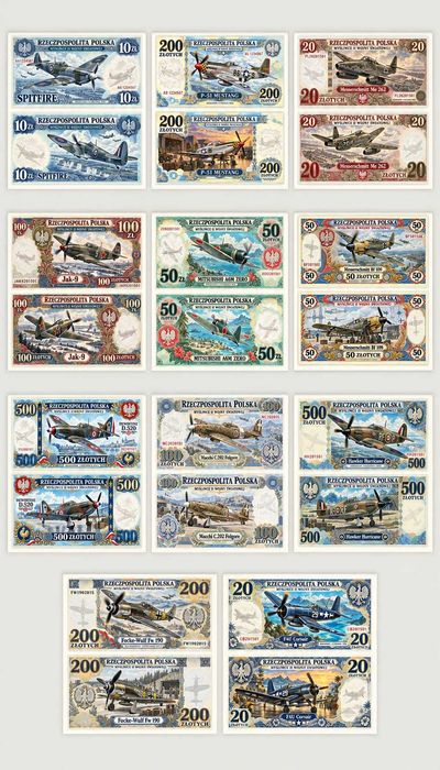 zestaw 11 sztuk banknotów z serii MYŚLIWCE II WOJNY ŚWIATOWEJ banknoty kolekcjonerskie