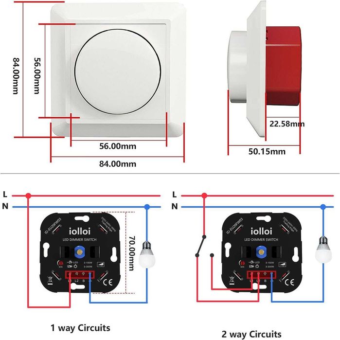 iolloi WIFI Włącznik LED, ściemniacz obrotowy, podtynkowy LED 5-250W
