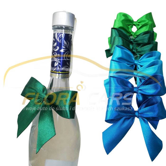 Kokardki na alkohol, butelkowa zieleń, dekoracja stołu weselnego
