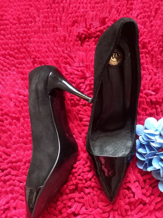 Buty szpilki czarne DL 40, 39 lakierki zamsz boho, must have