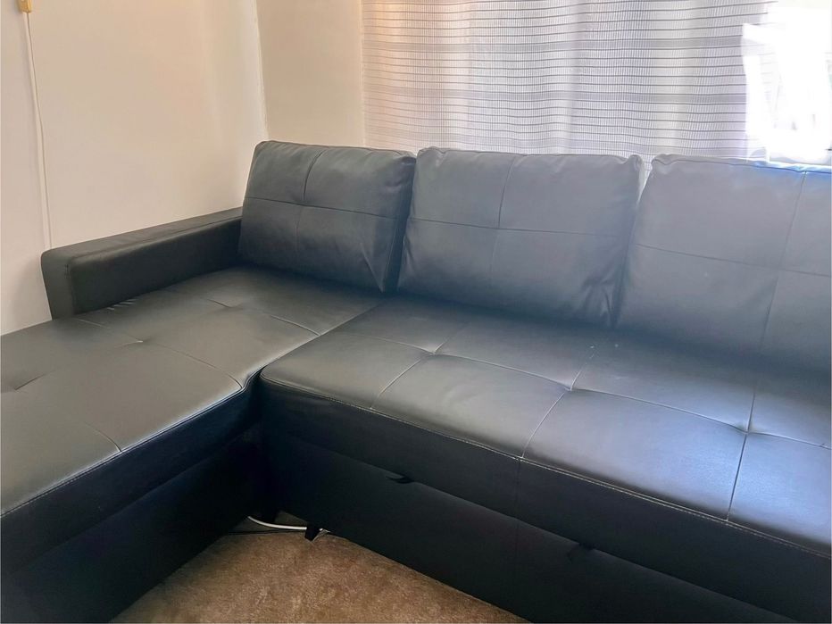 Sofá-cama 3lg c/chaise longue, pele/preto