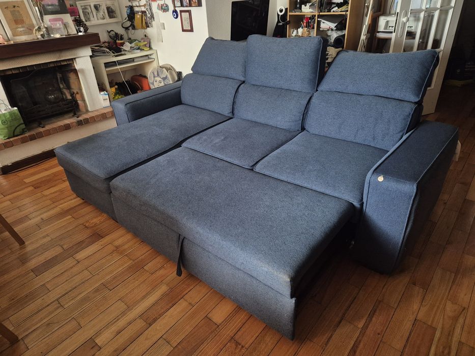 Sofá Cama com Chaise Longue Reversível e Encosto Reclinável