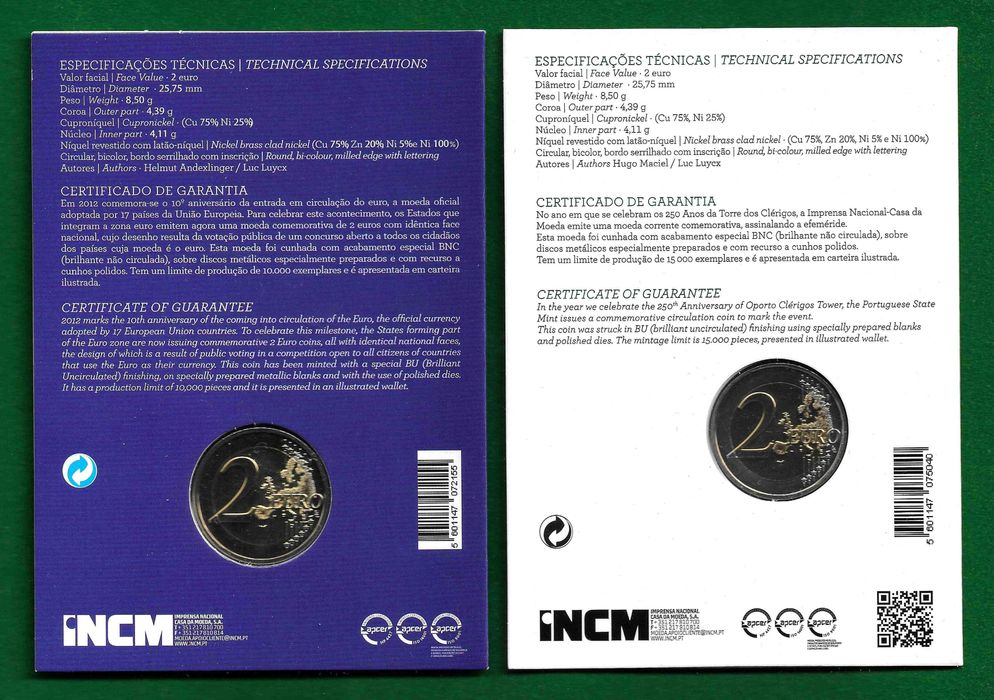 6 Moedas de 2 Euros em carteira (BNC)