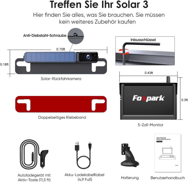 FOXPARK P - Solar 3 kamera cofania z ekranem