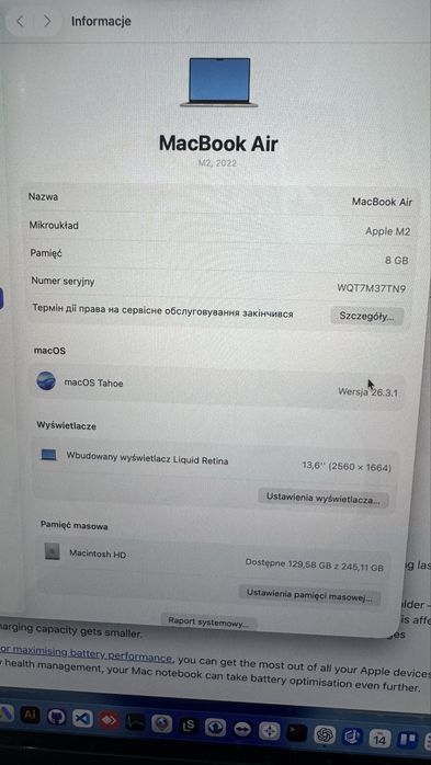 Macbook air m2 13.6 8/256 bardzo dobry stan, Pudełko + kabel + ładowarka