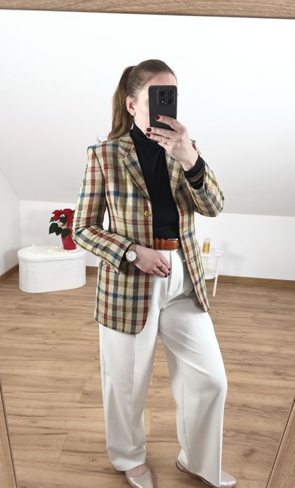 Jedwabna marynarka vintage marki Daks w kratę perełka vintage rozmiar