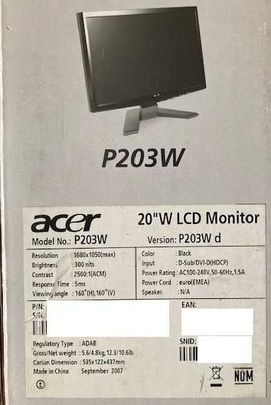 монітор Acer P203W