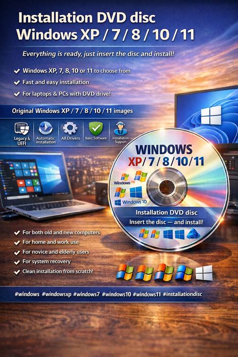 Установочный DVD диск Windows XP / 7 / 8 / 10 / 11 — всё готово, прост