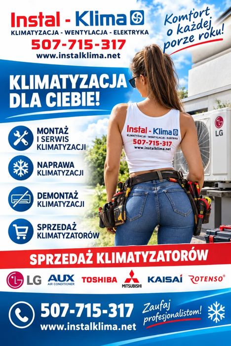 Montaż klimatyzacji Serwis klimatyzatora Klimatyzator z montażem Gree LG Mitsubishi AUX Toshiba Rotenso Kaisai woj. Mazowieckie