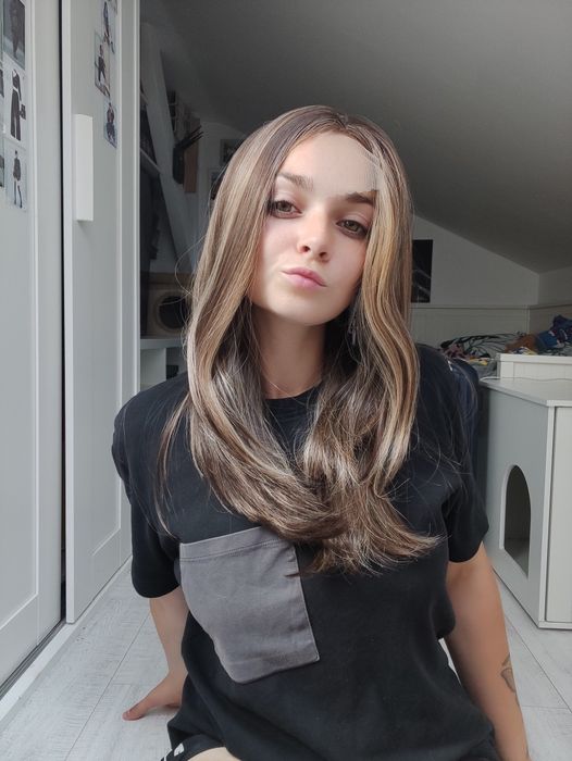 Peruka lace front balejaż pasemka blond brąz WIG cosplay