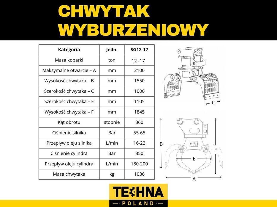 Chwytak wyburzeniowy sortujący TE-SG12-17 do koparki 12-17t, obrót 360°, stal NM400, mocowanie do każdej maszyny, NOWY, wysyłka 24h