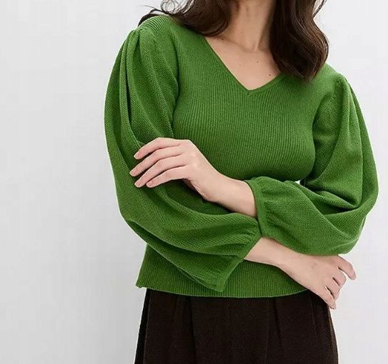 B.P.C bluzka dzianinowa zielona z balonowymi rękawami 3/4 r.40/42