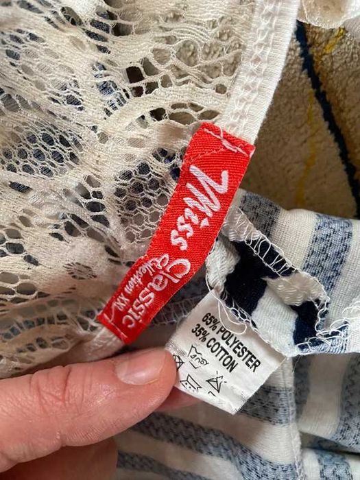 Rozkloszowana sukienka paski koronka 42 44 tekstura plus size +size