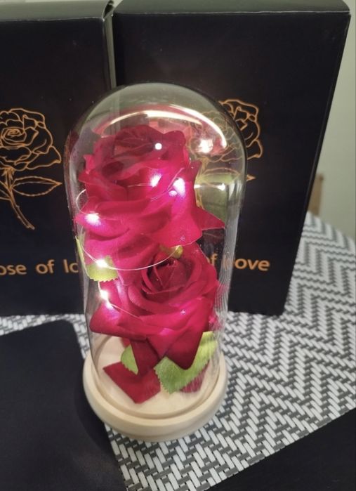 Wieczne róże w kopule z oświetleniem LED - czerwone | prezent