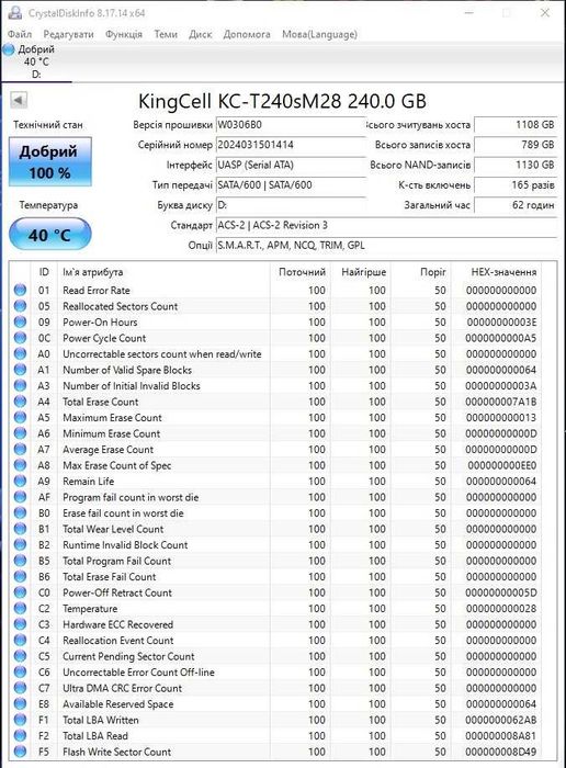 SSD диск m2 (SATA) - KingCell 240GB / 2242 / 2260 / 2280 / 3D TLC NAND / Здоров'я 100% Стан Ідеал