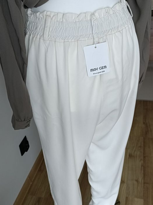 Nowe kremowe spodnie eleganckie wysoki stan wiskoza L XL