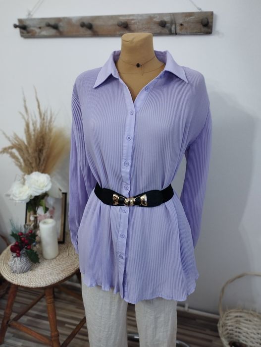 DAMSKA koszula Pretty Little Thing liliowa S-XXL OVERSIZE PLISOWANA