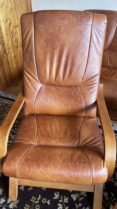 Komplet wypoczynkowy retro - sofa + 2 fotele, skóra naturalna