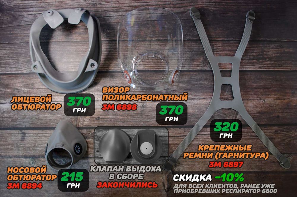 Запасные части для респиратора 6800: лицевой обтюратор, визор и др.