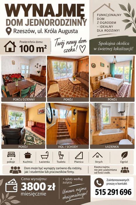 Do wynajęcia dom 100m2 w Rzeszowie ul. Króla Augusta