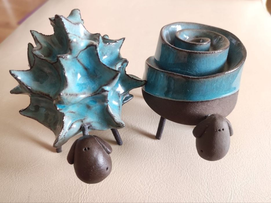 Figurki ceramiczne owce owieczki turkusowo brązowe