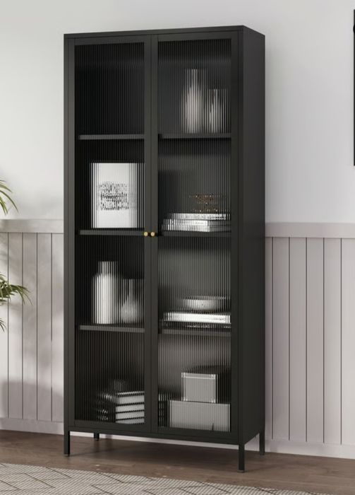 Witryna komoda wysoka  ryflowana  szkło  metalowa czarna nowoczesna no
