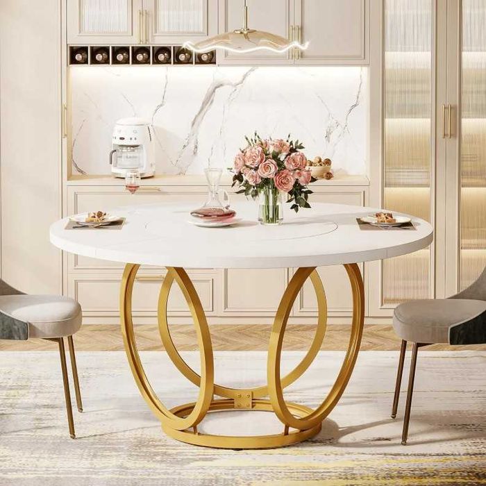 Stół kuchenny do jadalni okrągły 120cm Glamour biały marmur złote nogi