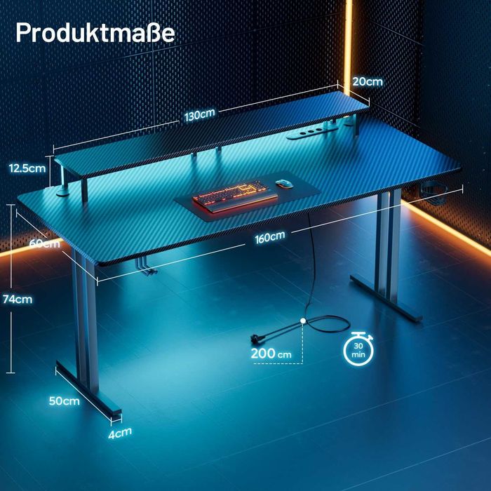 Nowe biurko carbonowe / stół / blat / LED / 160x60cm / półka / W589!