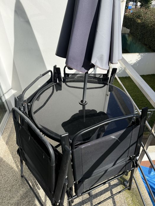 Mesa de jardim exterior vidro / 4 cadeiras