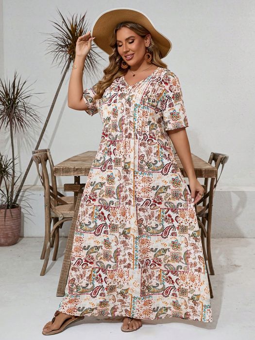 Sukienka Letnia Rozkloszowana Z Dekoltem V Maxi Paisley Shein 3Xl 46
