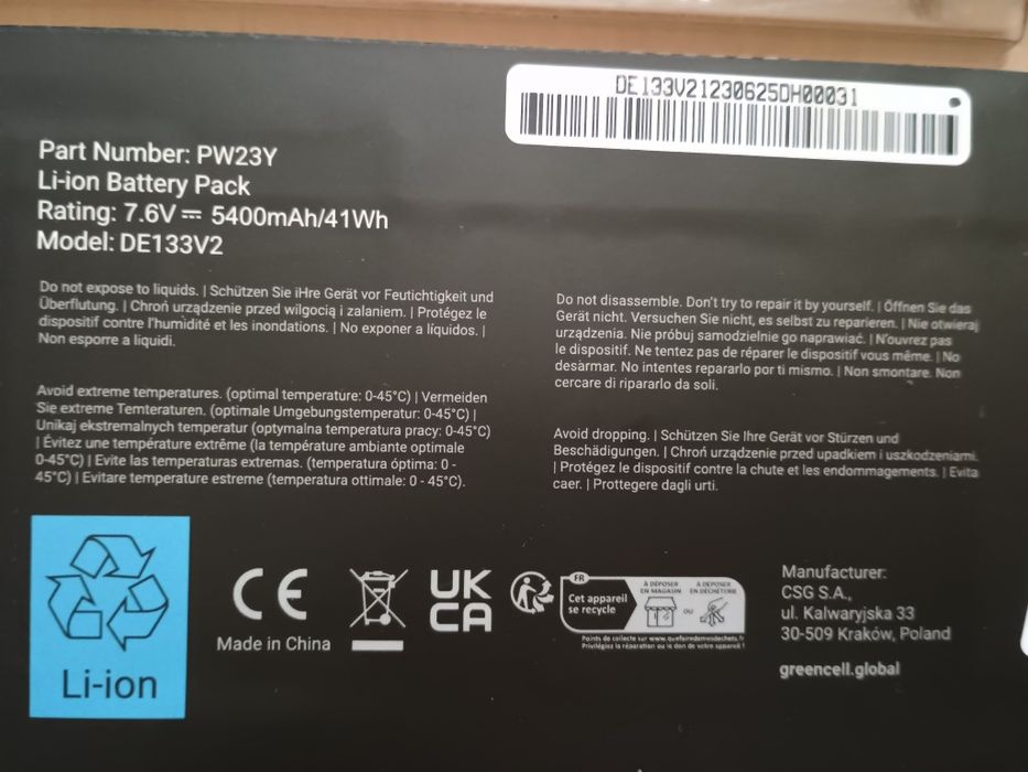 Bateria do laptopa PW23Y