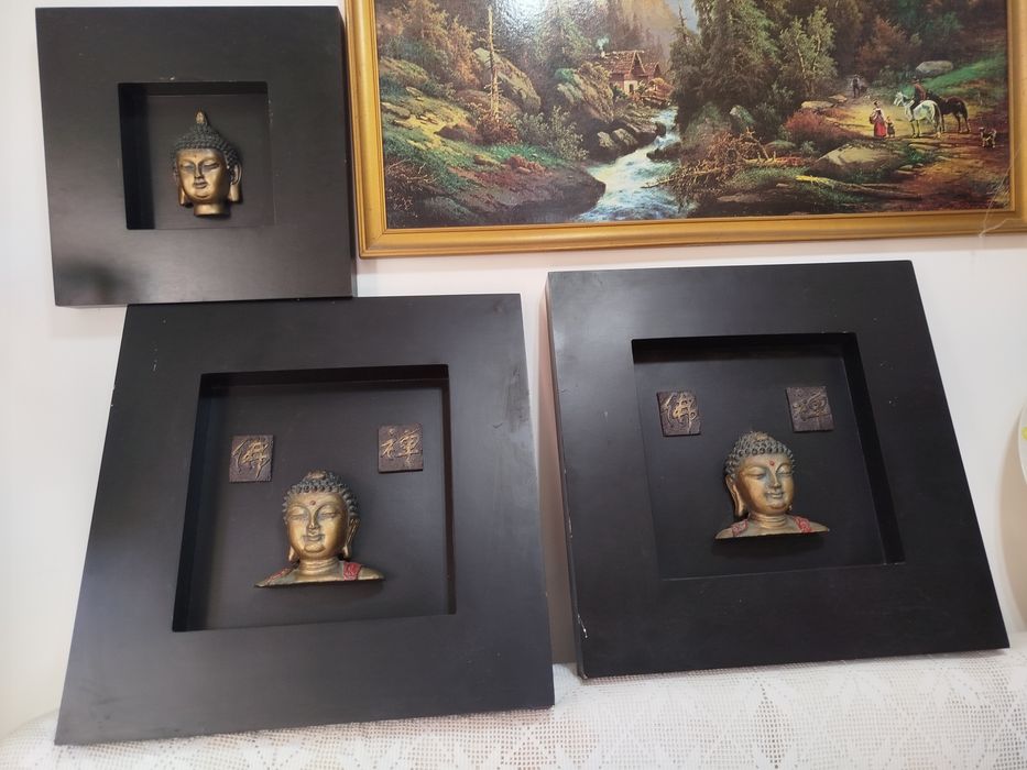 Conjunto de 3 Quadros Decorativos Estilo Zen / Buda - Moldura Preta