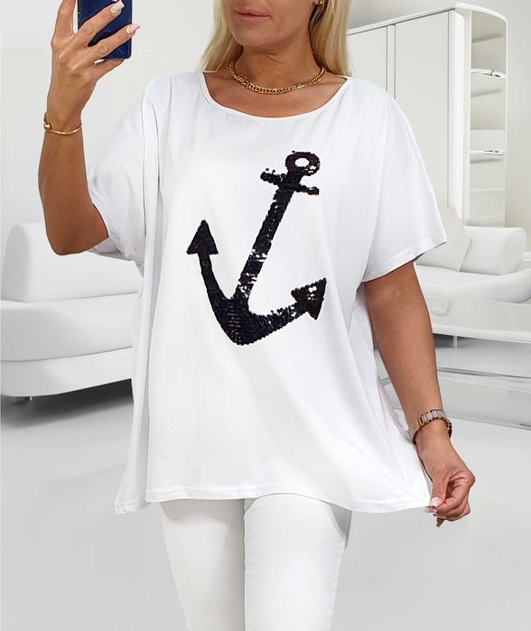 Bluzka biała Cekinowa Kotwica XXL