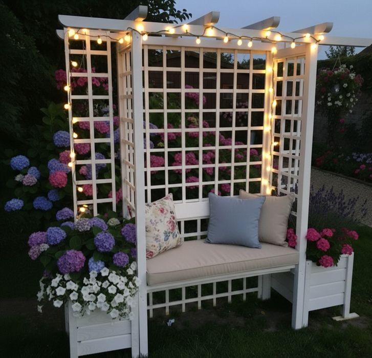 Drewniana pergola ogrodowa z ławką i donicami