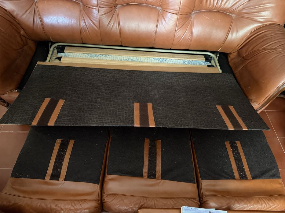 Sofas em pele. Castanho e detalhes madeira