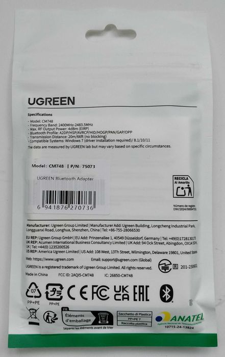 UGREEN USB Bluetooth Adapter, Bluetooth 6.0 для ПК