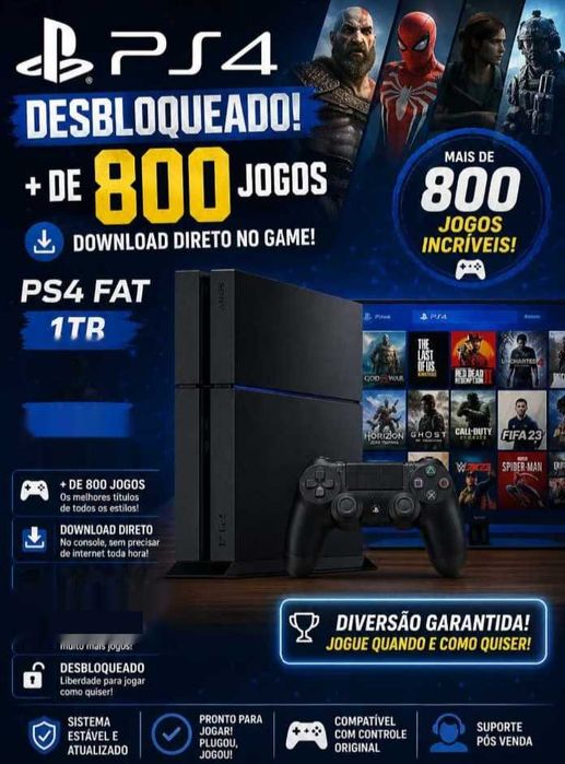 Ps4 fat 1TB- FW 12.50 Desbloqueado com + de 800 jogos