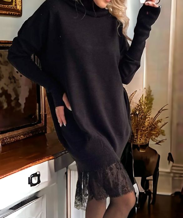 Sweter sukienka swetrowa tunika czarna golf MMK koronka polski premium