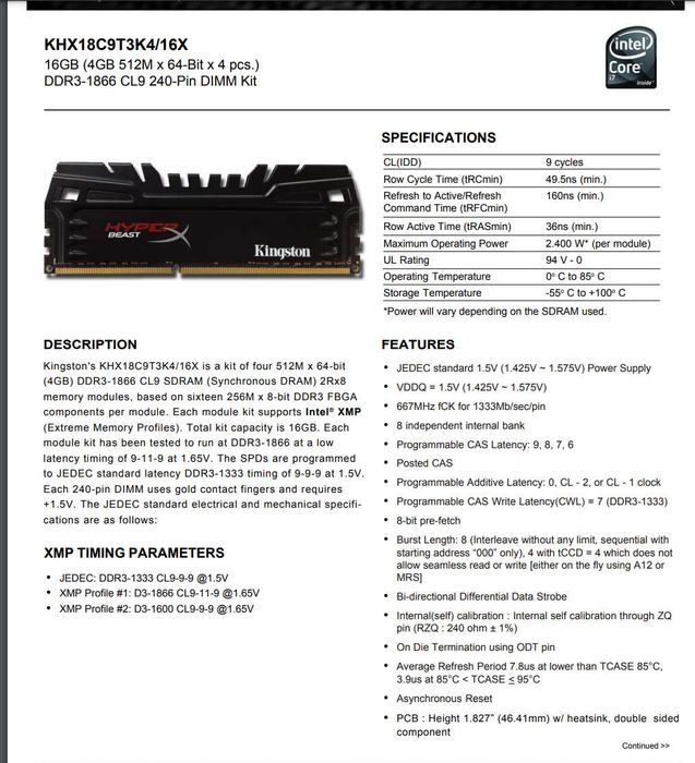 DDR3 Kingston HyperX Beast 1866 CL9 4x4GB kit KHX18C9T3K4