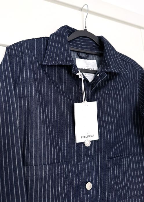 Granatowa kurtka w białe paski jeans jacket white stripes Pull&Bear